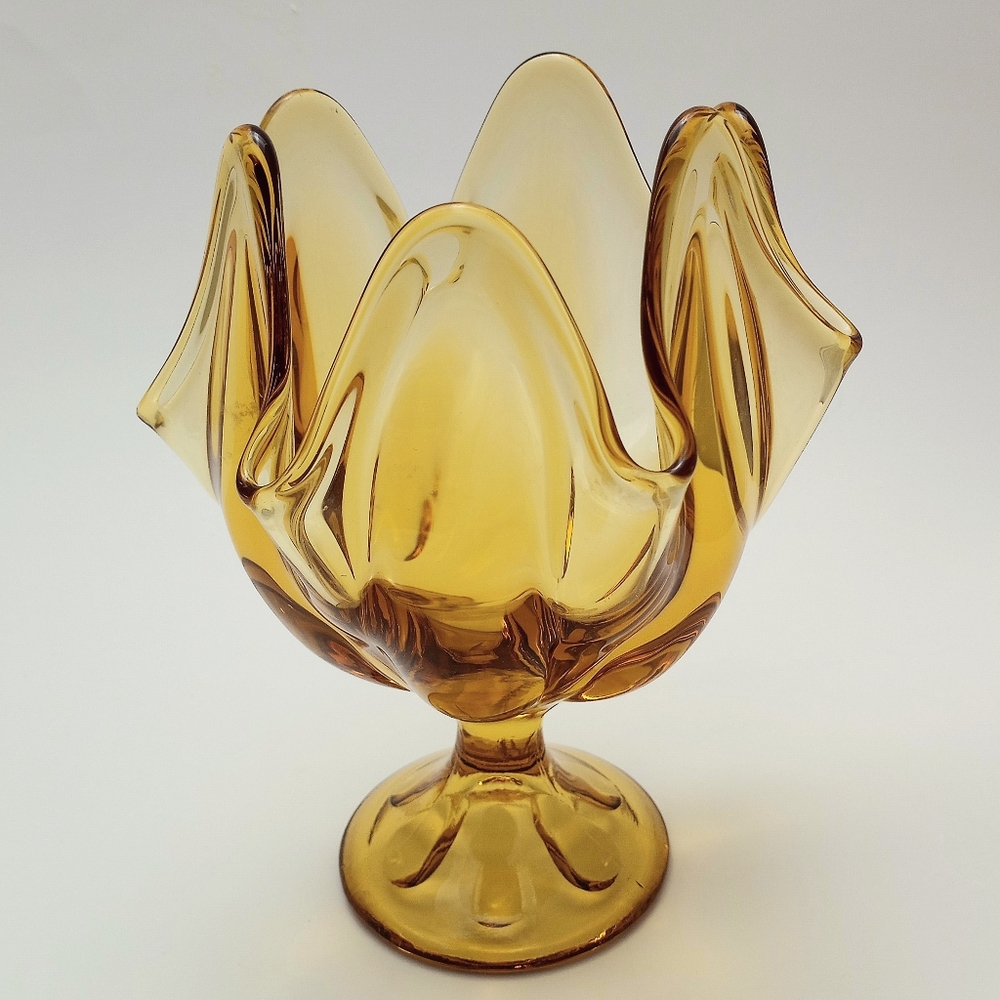 Vintage Viking Glass Amber/Gold Handkerchief Pedestal Bowl